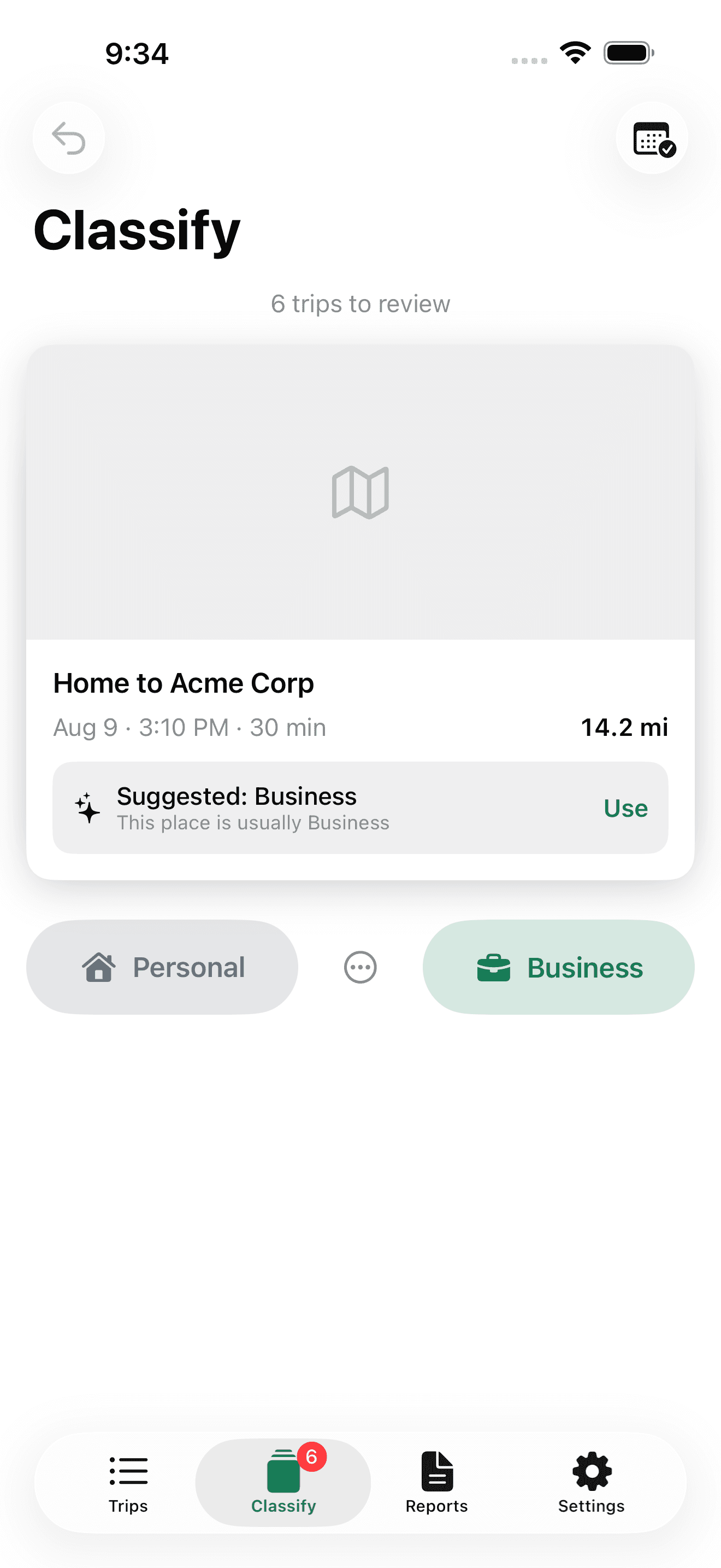 The classify deck asking whether one drive was business or personal, with a suggestion based on where it went