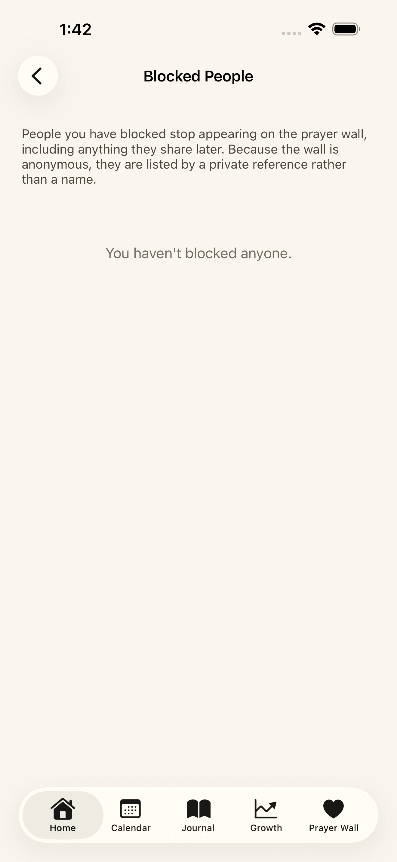 The blocked members list, reachable from settings without ever naming who was blocked