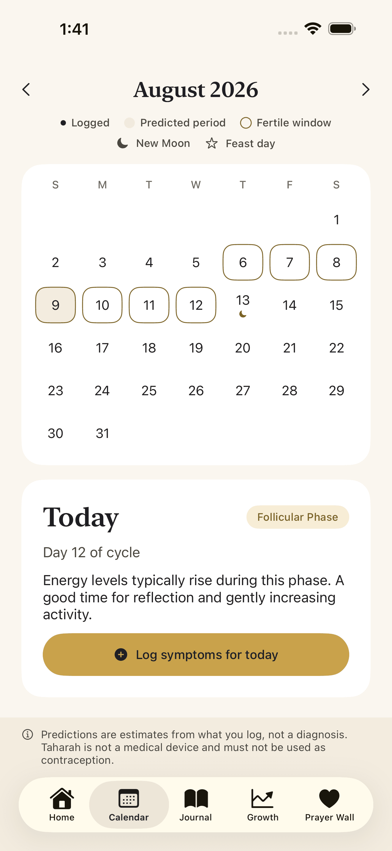 The cycle calendar with the biblical lunar month laid over the user's own logged dates
