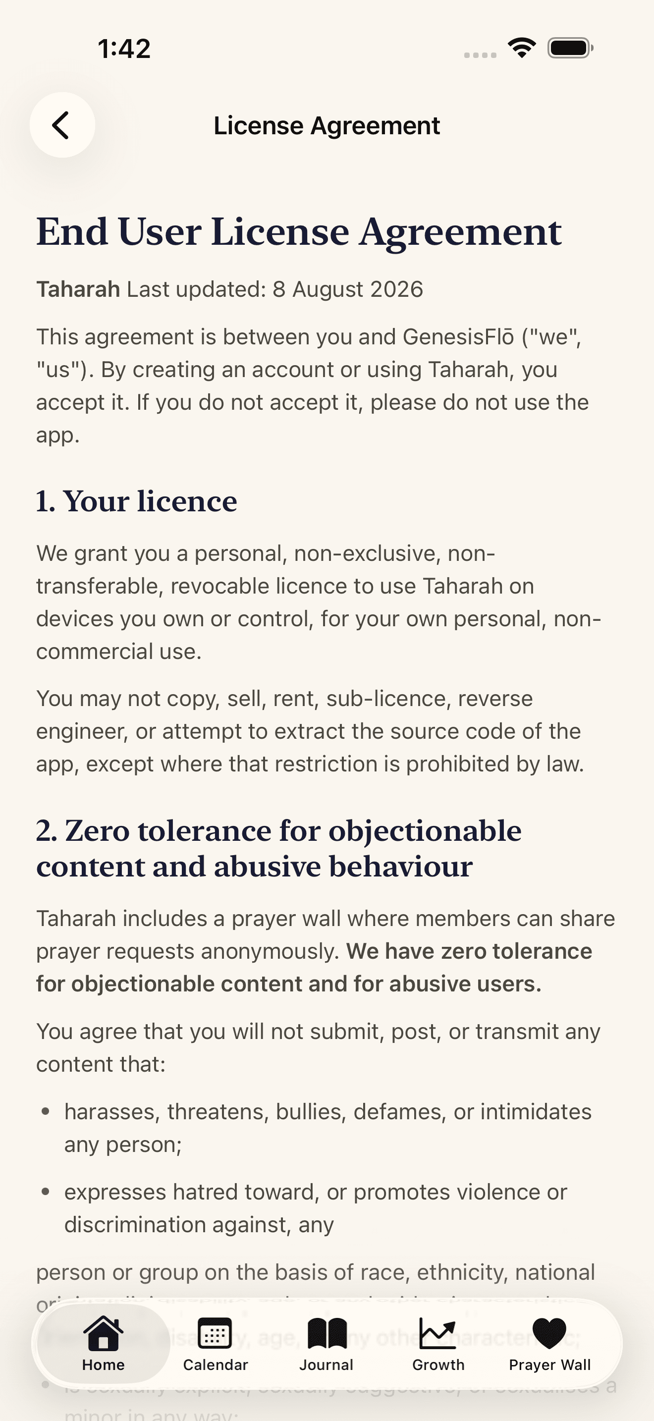 The licence agreement bundled inside the app and readable offline