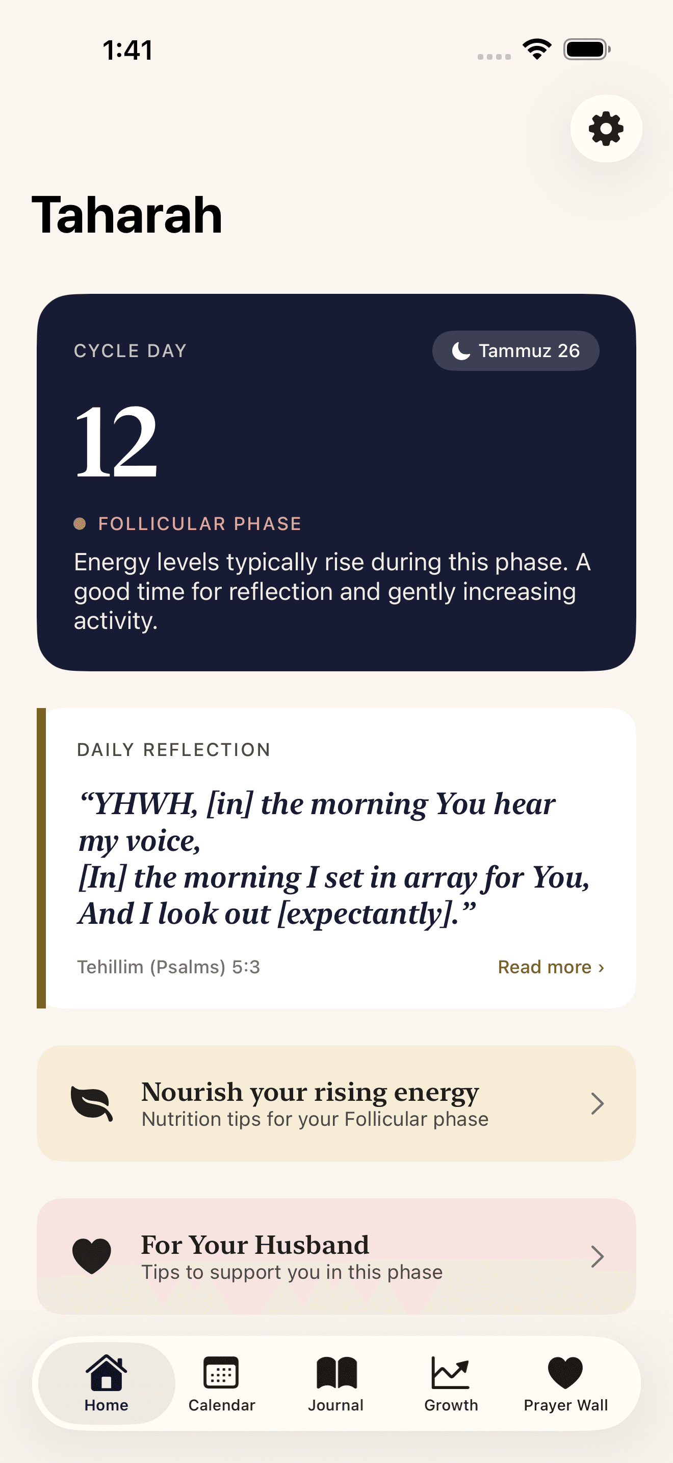 The Taharah home screen showing today's cycle day, the current phase, and the verse chosen for it