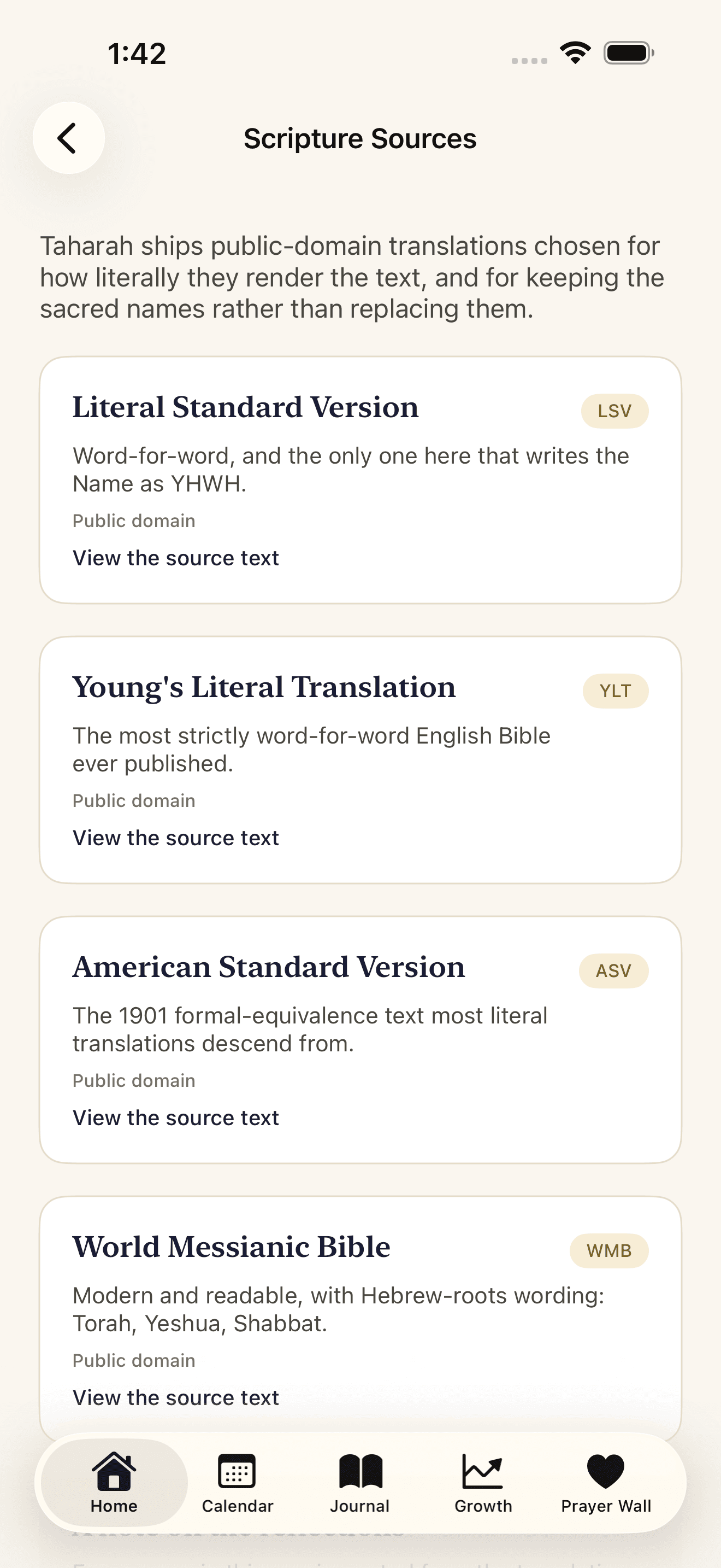 The four public-domain translations Taharah quotes, with a note on each